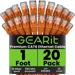 GearIT Cat 6 Ethernet Cable (20-Pack 1 Foot) Cat6 Network Patch, 10Gbps, RJ45, Snagless Cord, Gold-Plated Connectors, Internet for PC, TV, Tablet, Router, Printer, Servers, IT Data Center - Orange