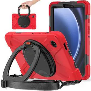 PboyiqiS Case for Galaxy Tab A9 Plus 11" 2023 (SM-X210/ X215/ X216), Heavy Duty Protective Case with 360 Degree Swivel Stand&Hand Strap&Shoulder Strap (Colourful Red)