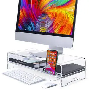 BEYGORM Acrylic Monitor Stand Riser, Wide 20" for Full Keyboard, 2 Tier Computer Stand with Storage, Desk Organizer Desktop Printer Stand Laptop Storage Shelf Screen Holder with Phone Holder(Clear)