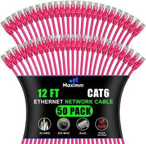 Maximm Cat 6 Ethernet Cable - 12 ft (50-Pack) - High-Speed LAN, Internet, Patch, and Network Cable - UTP, 10Gbps, 550MHz Ethernet Cord - Pink