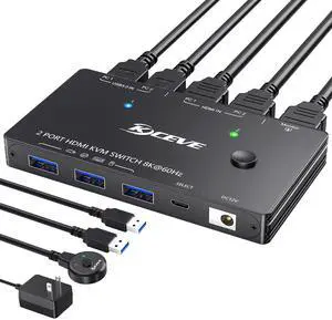 KCEVE KVM Switch HDMI 2 Port 8K@60Hz 4K@120Hz, HDMI 2.1 KVM Switch for 2 Computers Share 1 Monitor and 3 USB 3.0 Devices HDR 10, HDCP 2.3, with Wired Remote and 2 USB3.0 Cable