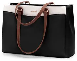 LOVEVOOK Laptop Tote Bag for Women, Work Bags Teacher Tote Bag, Waterproof Leather Computer Bag, Business Laptop Purse Office Handbag Professional Briefcase, Black-Beige-Brown, 15.6 Inch