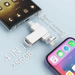 256G Flash Drive for iPhone Photo Stick USB Memory Stick Thumb Drives, MFi Certified 4 in 1 Portable Type-C+Micro USB+Lightning+USB Stick External Storage for PC/iPhone/iPad/Android/Smartphone/Laptop