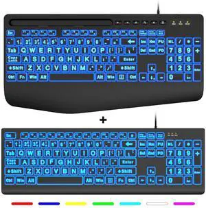SABLUTE 2PCS Large Print Backlit Keyboard, Wired USB Lighted Computer Keyboards with 7-Color & 4 Modes Backlit,Oversize Letters Keys Easy to See and Type