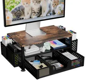 Simple Trending 2 Tier Monitor Stand Riser, Wood Computer Desk Organizer with Drawer and Pen Holder for Laptop Office, iMac, Brown