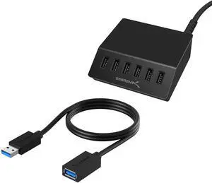 USB 3.0 Extension Cable A Male to A Female [Black] 3 Feet+60 Watt (12 Amp) 6 Port Aluminum Family Sized Desktop USB Rapid Charger