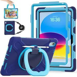 LX-SUNCX Case for iPad 11th Generation 11" (A16) 2025,iPad 10th Generation 10.9" 2022,Shockproof Cover for Kids with Screen Protector,Rotating Stand,Pencil Holder,Shoulder Strap (Navy Blue+Blue)