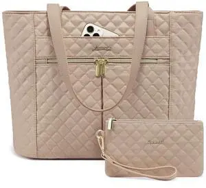 LOVEVOOK Laptop Bag for Women 15.6 inch,Diamond Quilted Work Tote Bags Womens Laptop Computer Shoulder Bags,Stylish Travel Tote Bags Laptop Purse Briefcase Handbag with Clutch Purse,Khaki