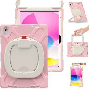BRAECN Case for iPad (A16) 11th/10th Generation 11/10.9'' 2025/2022-Shockproof Silicone Cover w/Pencil Holder/360°Swivel Ring Stand/Handle Grip/Kickstand/Shoulder Strap/Screen Protector, Sakura Pink