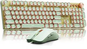 EWEADN Wired Typewriterkeyboard and Mouse Combo, Typewriter Style Mechanical Gaming Keyboard,104 Keys Backlit LED Keyboards, Media Control Knob, Wired Keyboard Pink Switch for Windows/Mac/PC-Green