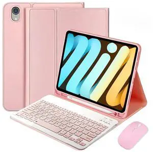 LUIOOXEIM Keyboard Case for iPad mini 7th (A17 Pro 2024) / Mini 6th Gen 2021 8.3inch - with S Pencil Holder Case and Mouse Detachable Keyboard (Pink)
