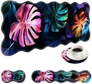 KJFHDJFDH Large Mouse Pad and Keyboard Wrist Rest, Desk Pad for Keyboard and Mouse, 4-in-1 Large Gaming Mouse Pad with Wrist Support, Desk Mat for Home Office Study Game-Colorful Tropical Leaf
