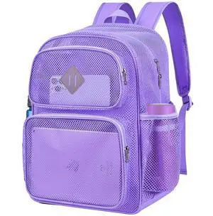 DST Gainbow Mesh Backpack for School, Heavy Duty See Through Net Bookbag for Girls Boys Kids, 27L Large Capacity Mesh Bookbag for Beach Work Sports Travel with Padded Strap(Purple)
