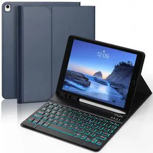 YUNPLE for iPad 9th/8th/7th Generation Case with Keyboard 10.2" - 7 Color Backlit Wireless Detachable Keyboard Cover with Pencil Holder, Compatible with iPad Pro 10.5/Air 3rd Gen (Dark Blue)