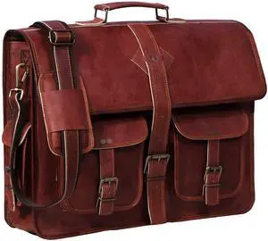 PLW Genuine Brown Leather Mens Messenger bag 18 inch Satchel Bag for Men Vintage Briefcase Laptop Bag for Computer Book Bag