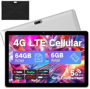Android Tablet 10.1 inch, 2025 Cellular Tablets with SIM Card Slot, 4G LTE Tablet & Phone(Makes Calls), 64GB Storage (Expandable to 1TB),1280x800 IPS, Dual Cameras 8H Battery 5G Wifi with Case(Silver)