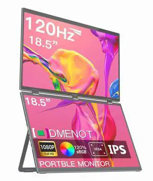 odmenot 18.5" 120Hz Dual Portable Monitor 120% sRGB 1080P HDR Extender Folding Stacked Display for Windows Mac Work Gaming Office Triple Screens W/Stand & VESA for Laptop PCNo Driver (185)
