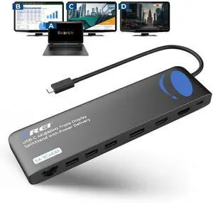 OREI USB-C Triple Monitor Docking Station Splitter  USB-C to 2× HDMI & 1× DisplayPort Adapter, 100W PD, Gigabit Ethernet, 4× USB2.0/3.0, microSD Reader  Windows & Mac Compatible