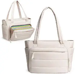 Yarwo Puffy Teacher Tote Bag for Women, Lightweight Work Bag with Accordion File Organizer Pocket and 15.6 in Laptop Sleeve, Quilted Shoulder Handbag with Cup Holder for College, Office, Daily, Beige