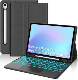 Keyboard Case for Samsung Galaxy Tab S10 FE/ S9 FE 5G 10.9 Inch/ S9/S8/S7 11 Inch, 7 Colors Backlit, Magnetic Detachable Wireless Bluetooth Touchpad Keyboard Cover with S-Pen Holder, Black