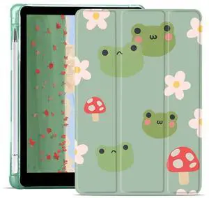 JOYLAND Mushroon Frog Pad Case for 10.2 Inch iPad 9th/7th/8th Generation with Pencil Holder, Flower Printed Leather Cover for Girls Kids, Auto Wake/Sleep Foldable Magnetic Case for iPad 2021/2020/2019