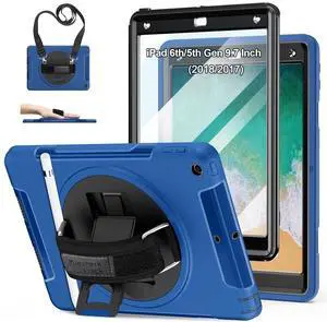 Case for iPad 6th/5th Generation 9.7 INCH: TPU Cover for iPad 9.7 (2018/2017) & iPad Air 2 9.7" with Screen Protector- Stand- Handle- Shoulder Strap-Pencil Holder- Blue