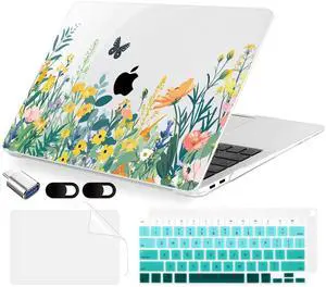 MecBevia Compatible with MacBook Air 13.3 inch Case 2021-2018 Release A2337 M1 A2179 A1932 Touch ID, Plastic Hard Shell&Keyboard Cover&Screen Protector&Webcam Cover&Type-C Adapter, Butterfly Flowers