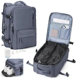 VENATIN Vacuum Backpack Travel with Pump, Water Resistant Cabin Size Travel Backpack with Vacuum System, 18x14x8 Frontier Personal Item Travel Bag for Men Women Fits 16" Laptop Backpack, Grey Blue