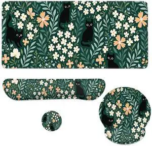Cat Mouse Pad Set Cute Black Cats Floral Garden Gaming Mousepad 4in1 Desk Mat for Desktop Anti-Slip XXL Big Computer Ergonomic Mousepad with Wrist Support for Keyboard and Mouse