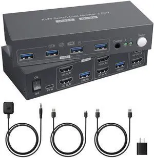 HDMI KVM Switch 2 Monitors 2 Computers 4K@60Hz, Dual Monitor for 2 PC/Laptops, 4 USB 3.0, EDID Adaptive, Desktop Controller (2USB Cables & 1Power Adapter Included)