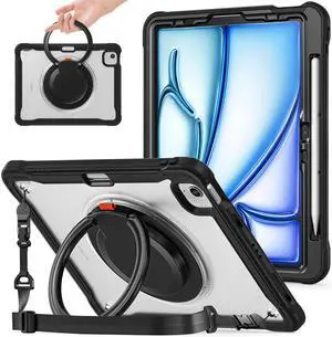 BATYUE Case for iPad Air 11 Inch M3/M2 (2025/2024), Air 5th/4th 10.9 Inch (2022/2020), Pro 11" 4th/3rd/2nd/1st, Shockproof Cover with 360 Rotating Stand, Pencil Holder, Shoulder Strap, Black