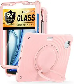 BATYUE Case for iPad Air 11-inch M3 (2025) / M2 (2024), iPad Air 5th/4th 10.9 inch(2022/2020), iPad Pro 11" 4th/3rd/2nd/1st Cover with Class Screen Protector,360° Rotating Stand, Pencil Holder, Pink