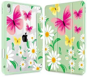 Tuiklol Case for iPad Air 13 (M3 2025 / M2 2024), Buit in Pencil Holder with TPU Protection Shockproof Cover Clear Transparent Back Trifold Stand-Auto Wake/Sleep Tablet Case, Green Butterflies
