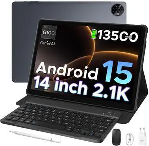 DOOGEE Tab E3 Max 14 inch Tablet with Keyboard,13500mAh Battery,Helio G100 Android 15 Tablet,32GB+256GB,Gemini AI Gaming Tablets,2.1K (2160 * 1440) Display/90Hz,4G LTE,16MP+8MP with Case,Mouse,Stylus