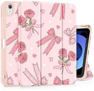 Tuiklol Case for iPad Air 11 inch (M3 2025/M2 2024) 7th/6th Gen/iPad Air 10.9 inch 5th/4th Gen 2022 2020 with Pencil Holder,Slim Protective Auto Sleep/Wake Trifold Stand Cover, Bow & Rose
