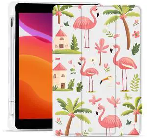 MAYCARI Flamingo Coconut Trees Fashion Case for iPad 10.9 inch 2022 with Pencil Holder, Original Pattern iPad 10th Generation Soft TPU Back Protective Cover Shell, Auto Sleep/Wake Slim Shell - White