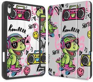 Mektron Printed Case for iPad mini 7 (A17 Pro) 2024/ Mini 6 2021, iPad mini 7th/6th Generation Case, Buit in Pencil Holder with Clear Back Shell + Trifold Stand, Cool Dinosaur