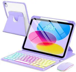 EAMPANG Case with Keyboard Mouse for iPad A16 11th 10th Generation 11/10.9 inch,Rainbow Backlit Detachable Keypad Rotatable Magnetic Cover with Pencil Holder for iPad 11 2025 10 Gen 2022 Purple