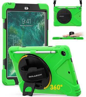 BRAECN for iPad 6th/ 5th Generation Case, Protective Shock-Proof Silicone Case with Built-in Pencil Holder, 360 Degree Rotating Stand/Handle Strap, Shoulder Strap for iPad 9.7 Inch 2018 Model-Green