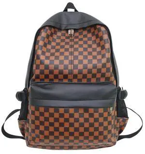 MININAI Checkered Aesthetic Backpack for Women Men Vintage PU Leather Cool Y2K Laptop Backpack Plaid Alt Emo Casual Daypack (One Size,Brown)