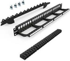 Patch Panel 24 Port with cat6 UTP Keystone JackEC Listed Front Cable Rack Smart Cable Management for 19 inch Rack Mount (CAT6 Keystone Jack Unshielded)