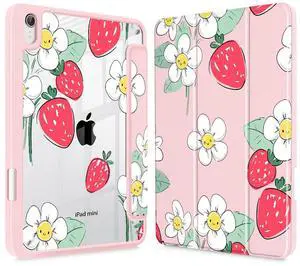 Mektron Printed Case for iPad mini 7 (A17 Pro) 2024/ Mini 6 2021, iPad mini 7th/6th Generation Case, Buit in Pencil Holder with Clear Back Shell + Trifold Stand + Auto Wake/Sleep, Strawberry Flowers