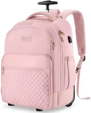 Arcoyard Rolling Backpack Carry On Luggage For Adults With Wheels, 40L Wheeled Backpack For Women, Travel Roller Backpack, Rolling Bag, Pink