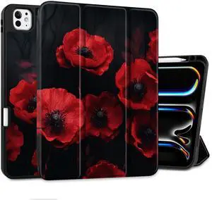MEEgoodo Case for M5 iPad Pro 11 inch 2025/M4 iPad Pro 11 inch Case 2024, Tablet Cover with Trifold Stand & Pencil Holder & Auto Wake/Sleep & Soft TPU Back Cover, Red Poppy Flowers