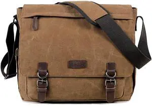Canvas Messenger Bag for Men Women,Travel Satchel Shoulder bag 15.6 Inch Laptop Bags Business(Coffee-Upgrade)