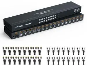 MT-VIKI 16 Port KVM Switch HDMI 4K@60Hz RGB 4:4:4, USB HDMI KVM Switch for 16 Computers Share 1 Monitor and 4 USB Devices, KVM Switches with Audio, IR Remote + Cables