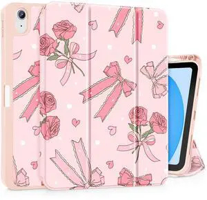 Tuiklol Case for iPad 11 inch (A16 Chip) 2025 Generation 11th / iPad 10.9 inch 2022 10th Gen,Slim Stand Hard Case Pencil Holder with TPU Back Cover & Trifold Stand & Auto Wake/Sleep, Bow & Rose