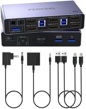 PERESAL USB 3.0 HDMI KVM Switch 2 Monitors 2 Computers, 8K@60Hz Dual Mode Switching, with 3 USB 3.0 Port, Desktop Controller and 2 USB Cables