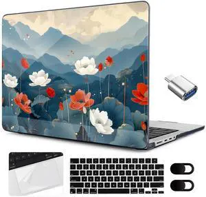MEEgoodo Case for M4 MacBook Pro 16 inch Case 2024 2023 2021 (A3403/A3186/A2991/A2780/A2485) M3 M2 M1 Pro/Max Chip, Laptop Hard Shell Cases with Keyboard Cover & Trackpad Film, Lotus Fields