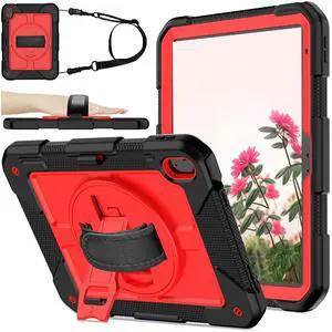 BMOUO Case for iPad (A16) 11th Generation 11" 2025/iPad 10th Generation 10.9 inch 2022, 360 Rotating Stand & Pencil Holder & Hand Shoulder Strap Shockproof iPad 11th/10th Generation Case, Red+Black